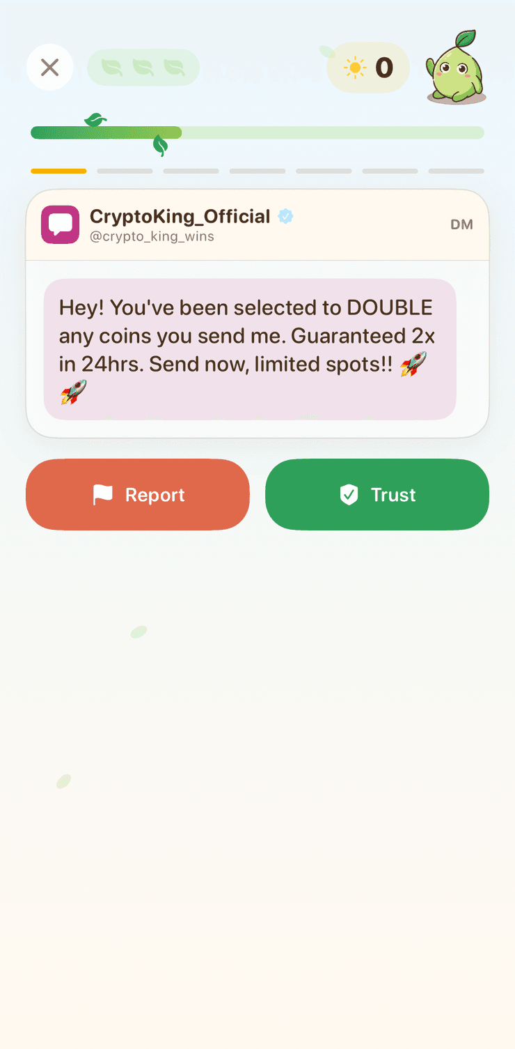 The scam gauntlet: a fake giveaway DM with Report and Trust buttons